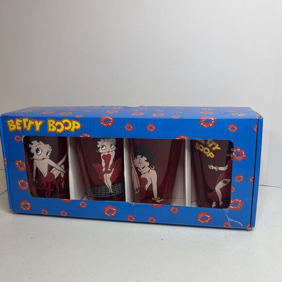 Betty Boop Red Four 16 fl oz Pint Glasses Original Box Printed Character Vintage - Picture 3 of 5